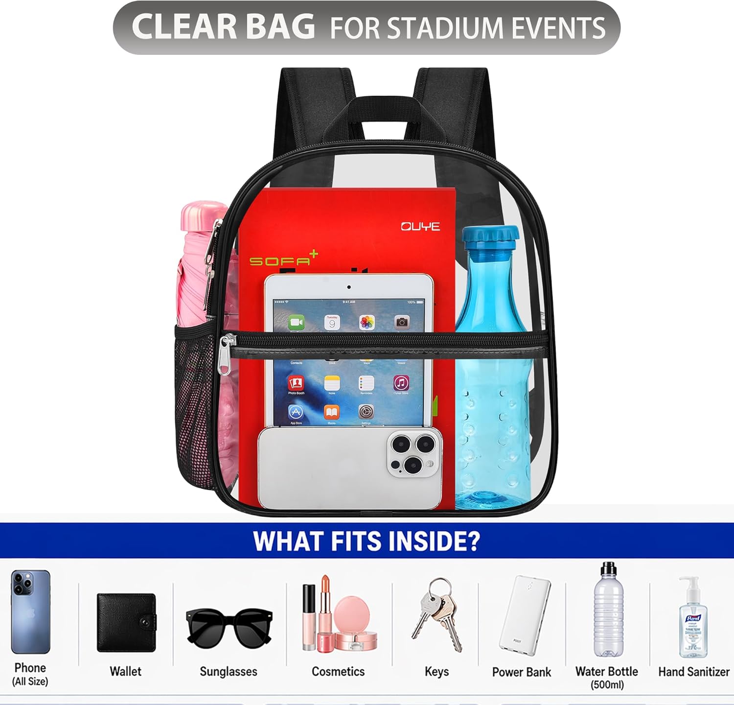 Clear Backpack for Stadium Events Sports Fan Backpack Stadium Bag 12x6x11