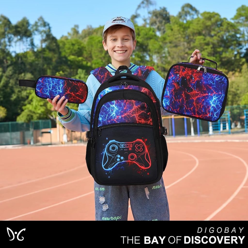 DIGOBAY Boys Backpack for School, Luminous Gamer Backpack with Lunch Box