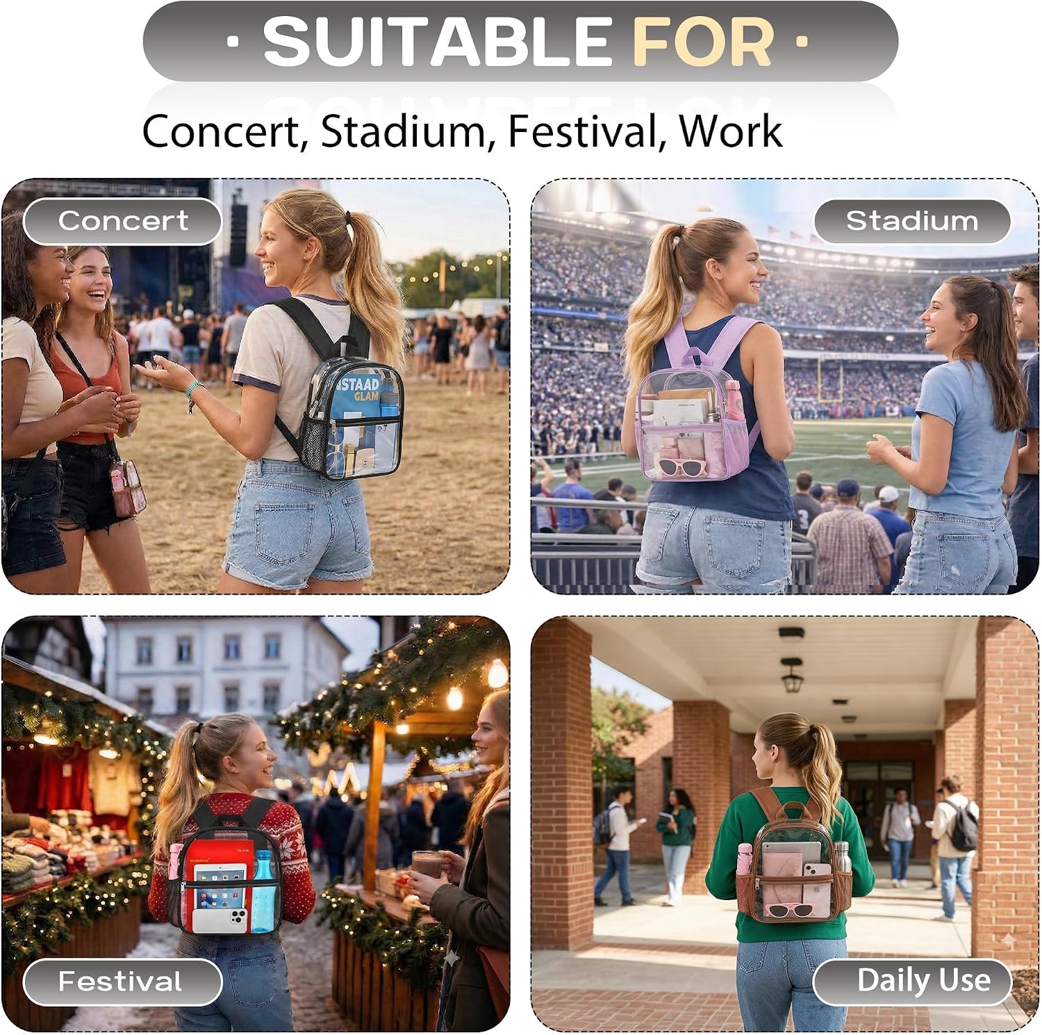 Clear Backpack for Stadium Events Sports Fan Backpack Stadium Bag 12x6x11