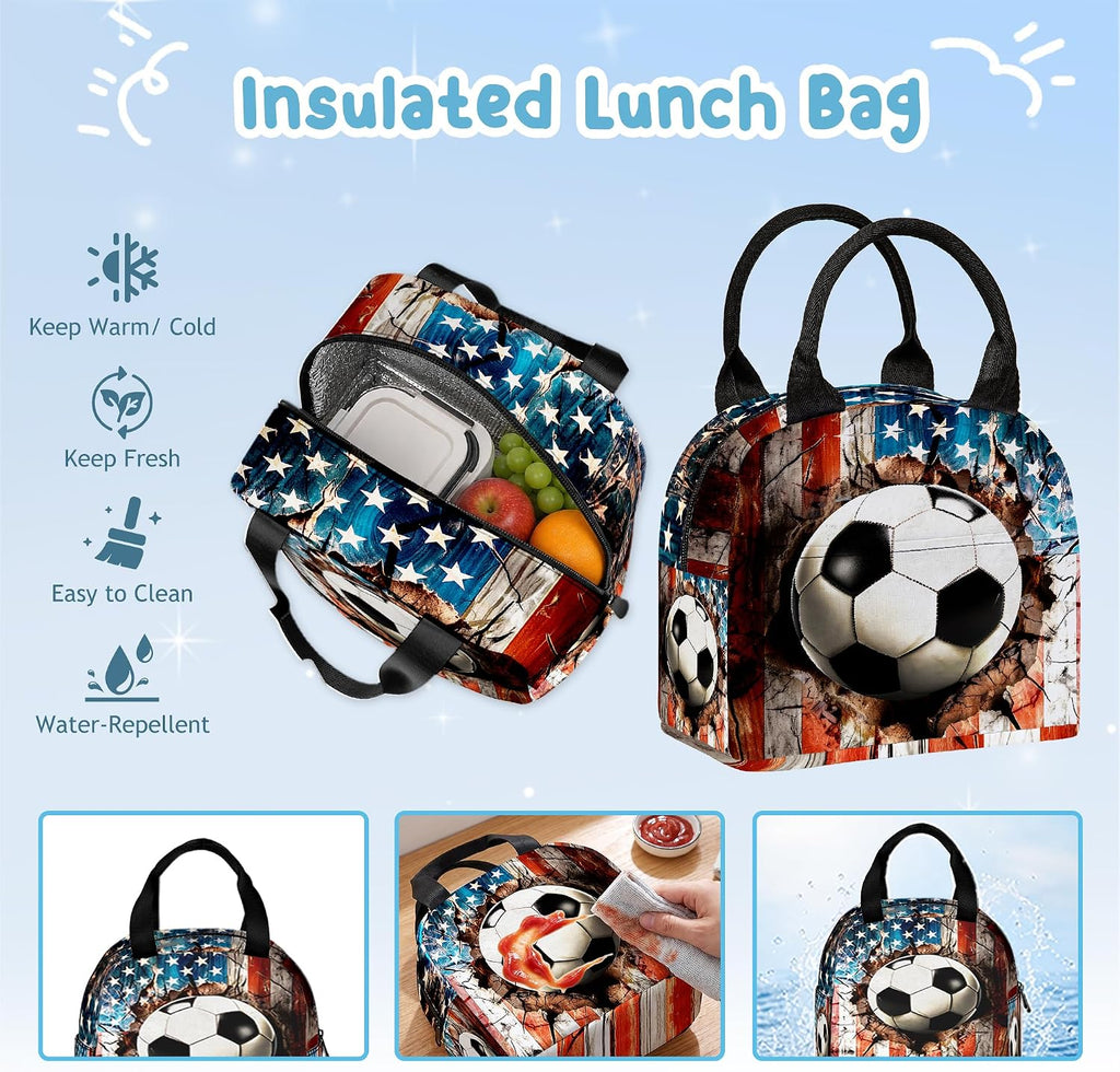 3PCS Backpack for Girls Boys,Teens Flag Soccer Back to School Backpack with Lunch Box Pencil Case, 17 Inch Lightweight Students Backpack 3 in 1 Set for Elementary Middle High School