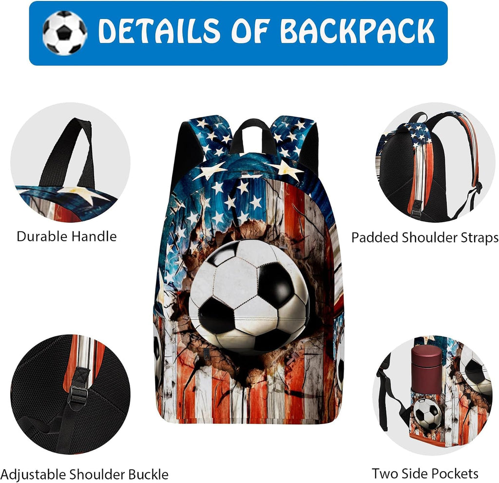 3PCS Backpack for Girls Boys,Teens Flag Soccer Back to School Backpack with Lunch Box Pencil Case, 17 Inch Lightweight Students Backpack 3 in 1 Set for Elementary Middle High School