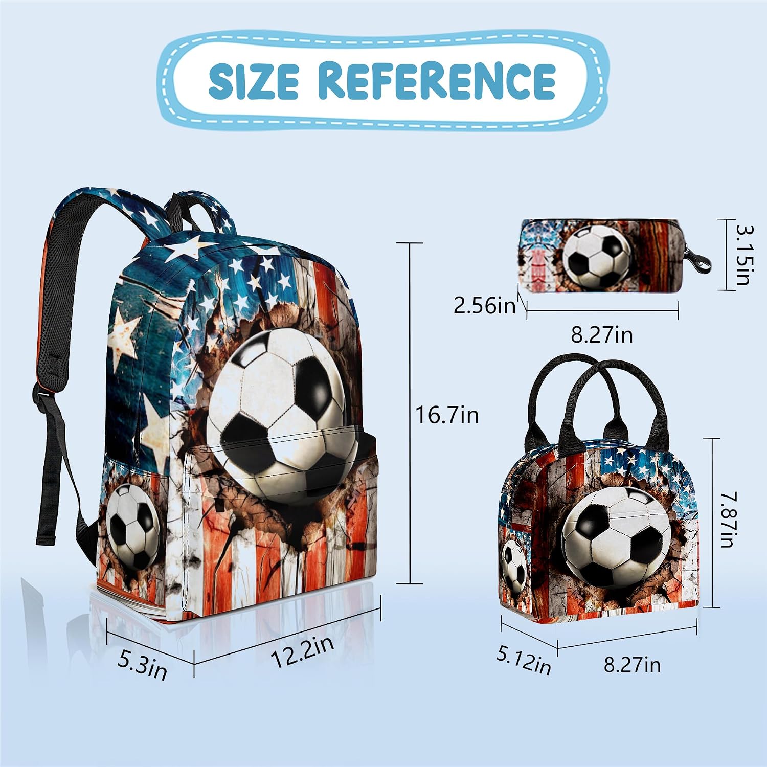 3PCS Backpack for Girls Boys,Teens Flag Soccer Back to School Backpack with Lunch Box Pencil Case, 17 Inch Lightweight Students Backpack 3 in 1 Set for Elementary Middle High School