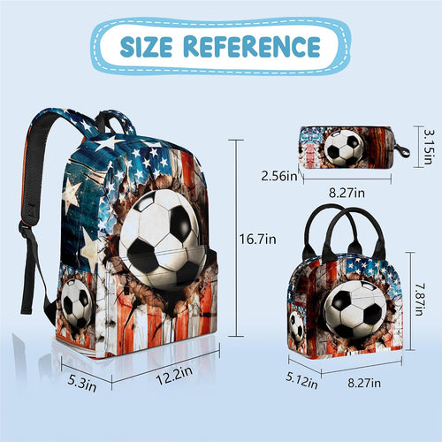 3PCS Backpack for Girls Boys,Teens Flag Soccer Back to School Backpack with Lunch Box Pencil Case, 17 Inch Lightweight Students Backpack 3 in 1 Set for Elementary Middle High School