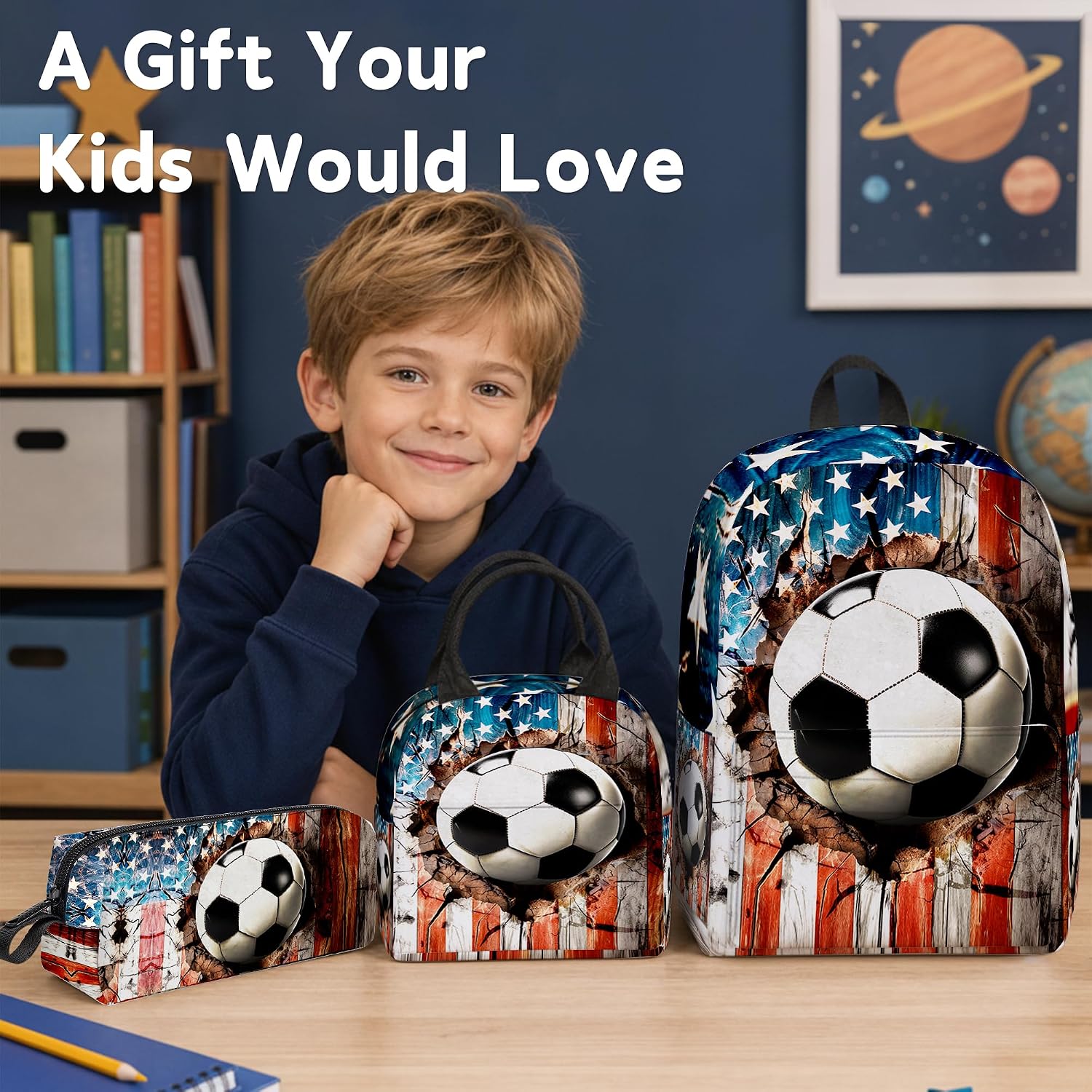 3PCS Backpack for Girls Boys,Teens Flag Soccer Back to School Backpack with Lunch Box Pencil Case, 17 Inch Lightweight Students Backpack 3 in 1 Set for Elementary Middle High School