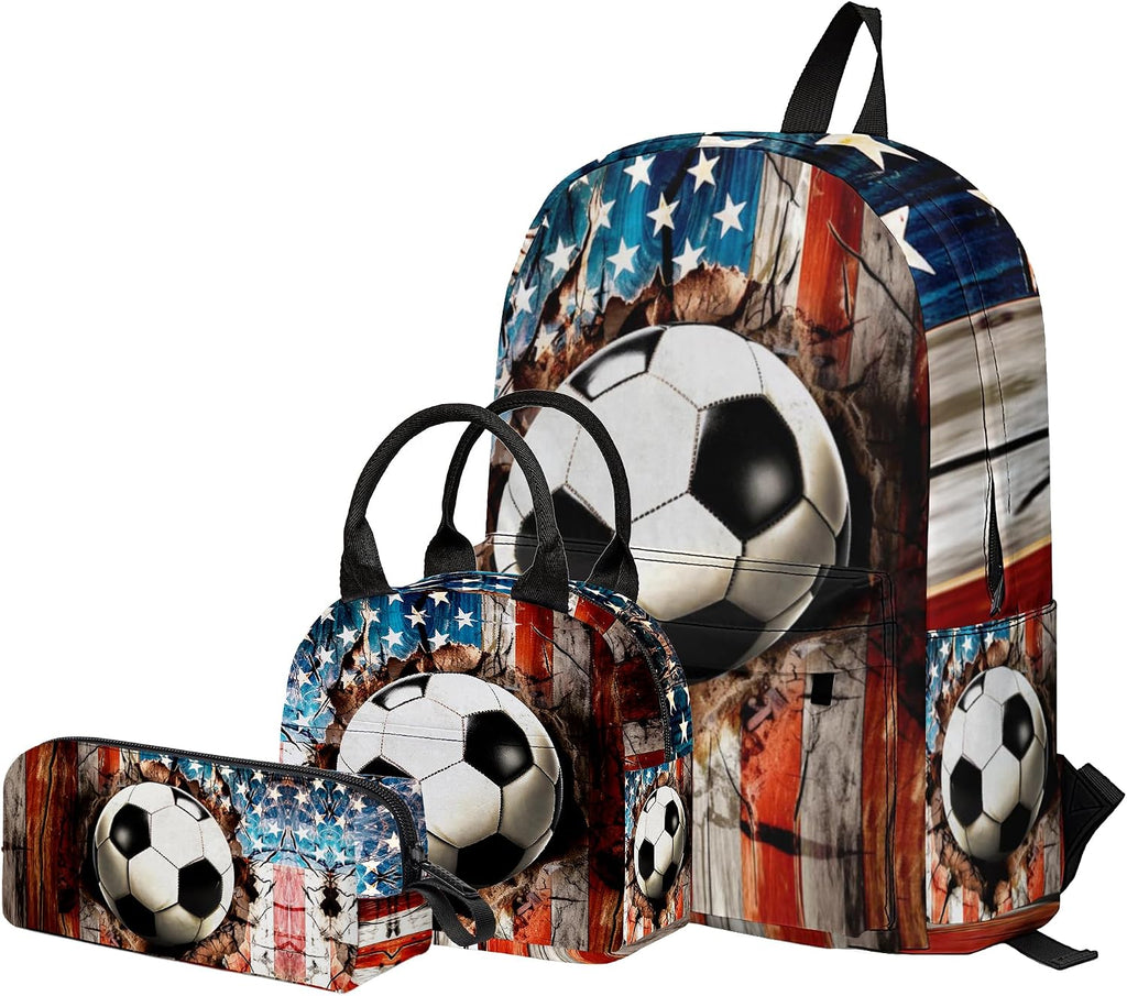 3PCS Backpack for Girls Boys,Teens Flag Soccer Back to School Backpack with Lunch Box Pencil Case, 17 Inch Lightweight Students Backpack 3 in 1 Set for Elementary Middle High School