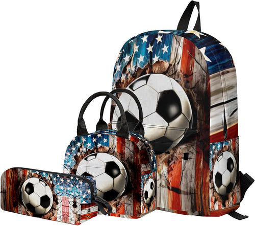 3PCS Backpack for Girls Boys,Teens Flag Soccer Back to School Backpack with Lunch Box Pencil Case, 17 Inch Lightweight Students Backpack 3 in 1 Set for Elementary Middle High School
