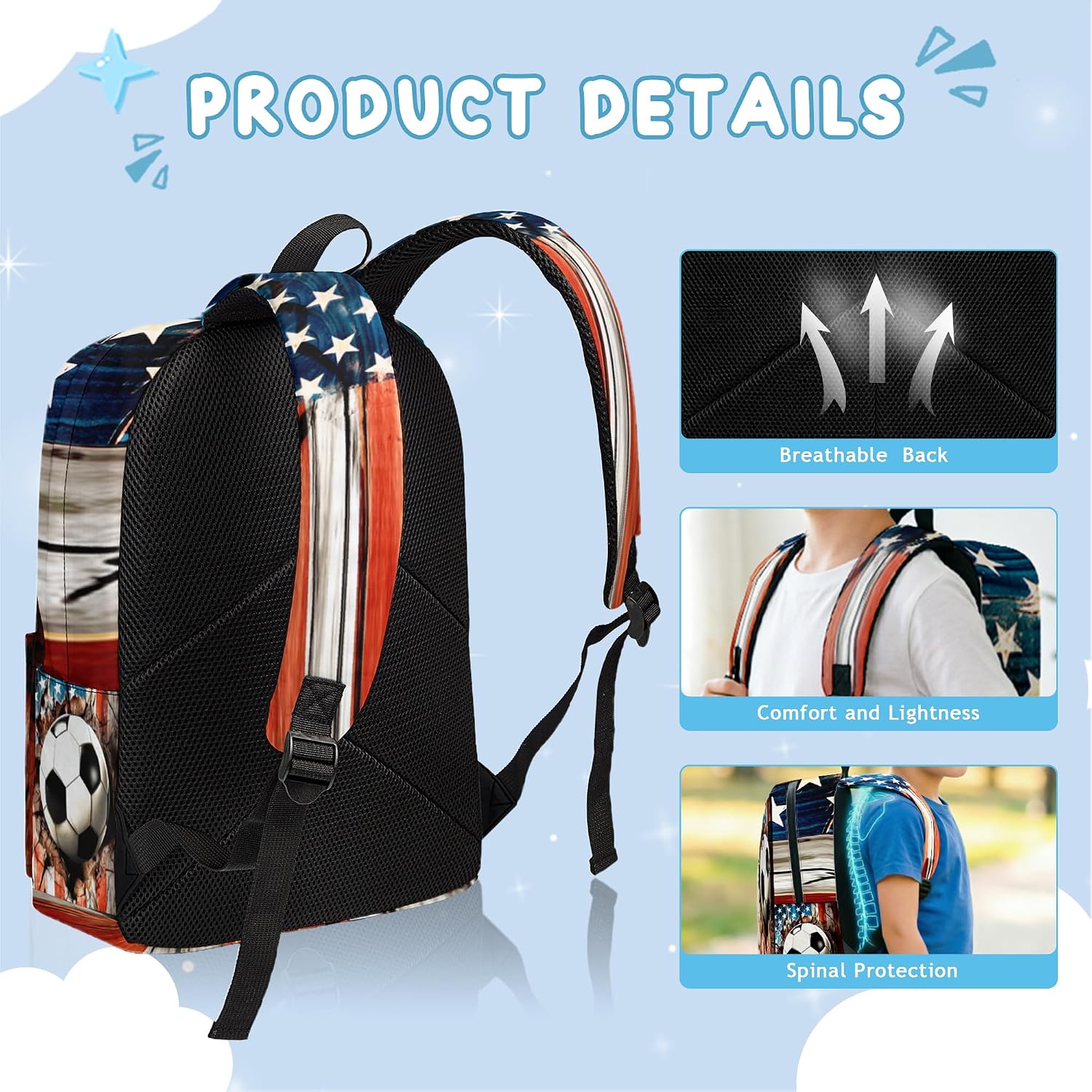 3PCS Backpack for Girls Boys,Teens Flag Soccer Back to School Backpack with Lunch Box Pencil Case, 17 Inch Lightweight Students Backpack 3 in 1 Set for Elementary Middle High School